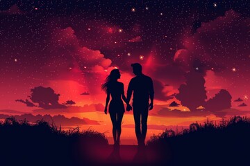 Silhouette of a couple under a starry sky, symbolizing love and wonder with vibrant, colorful hues in a romantic, dreamy setting.