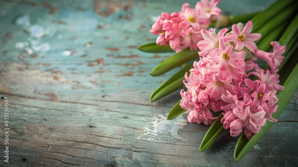 Poster pink hyacinth flower arrangement on wooden surface