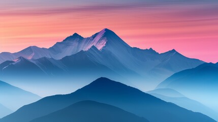 Majestic mountain range at sunrise, with snow-capped peaks, misty valleys, and a vibrant sky