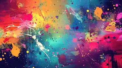 A vibrant abstract background with paint-splatter effects in bold colors.
