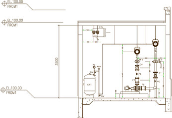 Sketch silhouette illustration vector detailed drawing of Chiller Plan Room Plan Elevation and Sections design for industry.