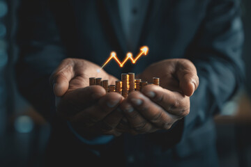 The Businessman holds up an arrow icon and percentage with graph indicators for investment growth.