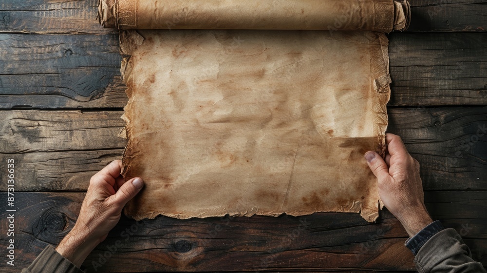 Poster man s hands gripping aged paper scroll with blank space for text vertical backdrop
