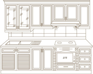 Vector silhouette illustration sketch of detailed architectural engineering design for the interior of a residential kitchen kitchen set