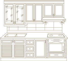 Vector silhouette illustration sketch of detailed architectural engineering design for the interior of a residential kitchen kitchen set
