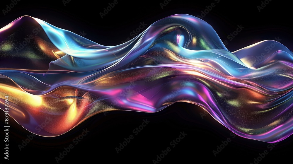 Aufkleber an intricate wavy shape in iridescent colors, set against a black background, highlighting the smoot