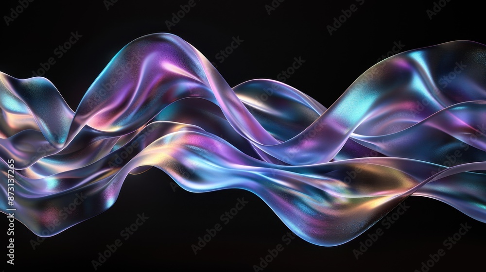 Poster an intricate wavy shape in iridescent colors, set against a black background, highlighting the smoot