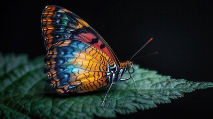Naklejka premium A colorful butterfly resting on a leaf photographed against a black background, studio photography with professional color grading, soft shadows, clean sharp focus, and natural light.