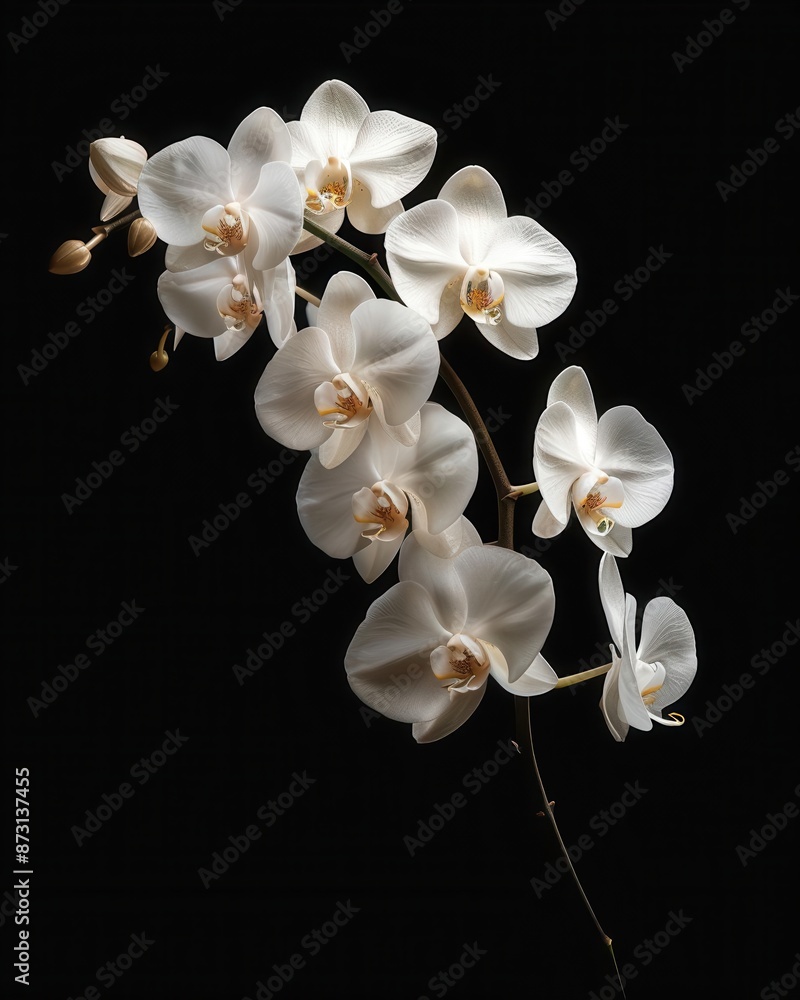 Poster a delicate white orchid captured against a black backdrop in a studio setting with expert color edit