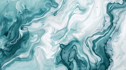 Obraz premium Calming marble ink painting in shades of teal and white, fluid patterns, minimalistic design on fine paper texture