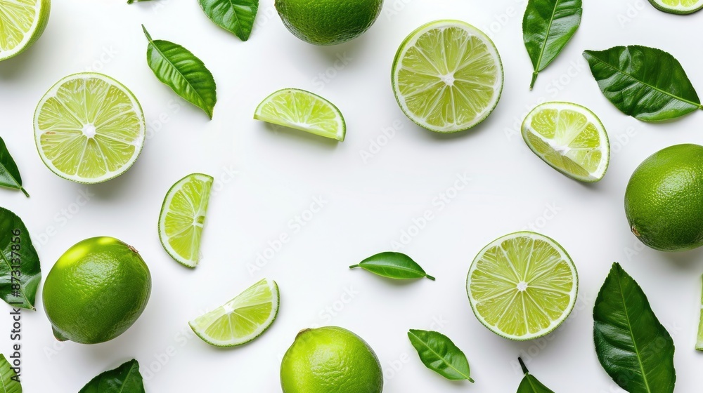 Poster sliced lime with leaves on white background space for text top down view