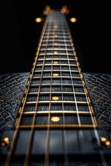 A detailed close-up of a guitar's strings photographed against a black background, studio photography with professional color grading, soft shadows, clean sharp focus, and artificial light.