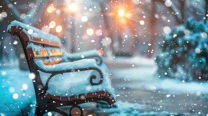 Digital image of snow falling on a winter bench evoking Christmas and festive atmosphere