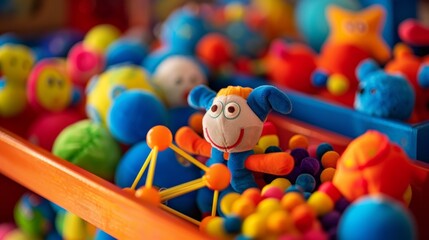 A childs toy box is filled with plush versions of protons neutrons and electrons making science fun.