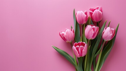 Naklejka premium Pink tulips bouquet on pink backdrop Anniversary theme Empty space Overhead view