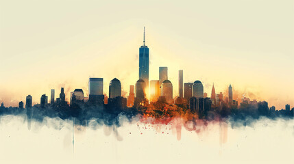 Fototapeta premium New York skyline, in the watercolor style, white background, warm colors, sunset light, minimalist design, soft brush strokes, elegant cityscape, Generative AI