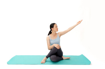 Beauty doing yoga with a white background