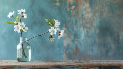 White blossoms placed in glass jar atop wooden table Blue backdrop