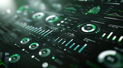 Clean tech dashboard with frosted glass icons in shades of green and white, on a dark background.