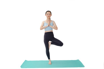 Fototapeta premium Beauty doing yoga with a white background