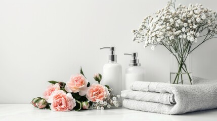Towels with dispenser and flowers on white background
