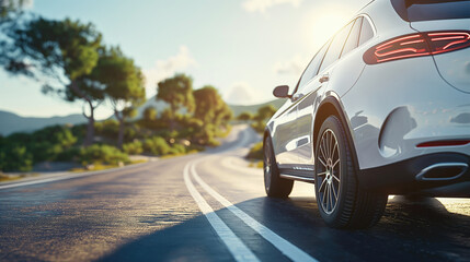Obraz premium Capturing Motion: SUV on Mountain Road