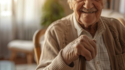 Closeup of older disabled nursing home resident using hands or walking stick for balance and mobility. Arthritis, elderly patient, fingers or cane in living room