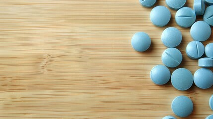 Obraz premium Blue ED tablets on wooden surface with empty space for text