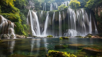 Obraz premium A cascading waterfall with multiple tiers, each flowing into clear pools, surrounded by vibrant green foliage.