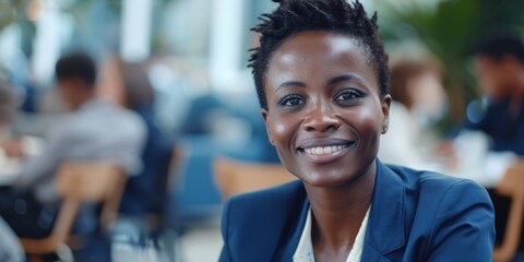 Obraz premium Black woman with leadership, face, and happiness in sales, marketing, and advertising strategy meeting. Chief executive and proud female entrepreneur with workplace vision