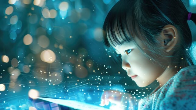 Little asian preschool or primary school girl sitting at night with futuristic digital overlay technology tablet as new way of teaching concept