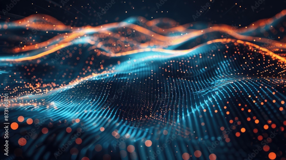 Poster an abstract background with a futuristic digital matrix of glowing dots and lines.
