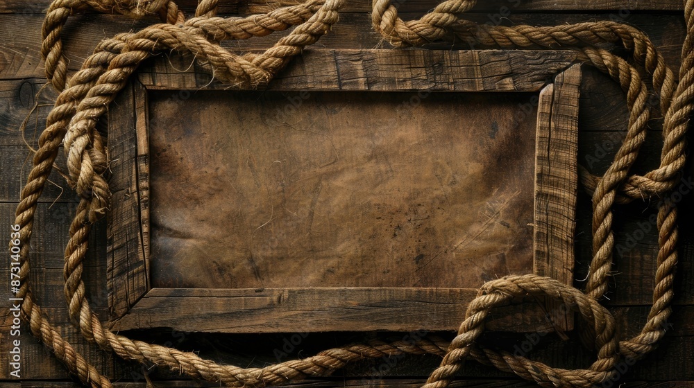Poster empty space for text surrounded by wooden frame and rope