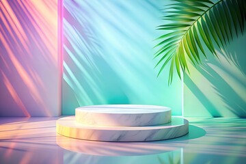 Round podium mockup with bright 3D neon panels in rainbow marble colors, minimalistic composition. Ideal for product presentation, themed visuals