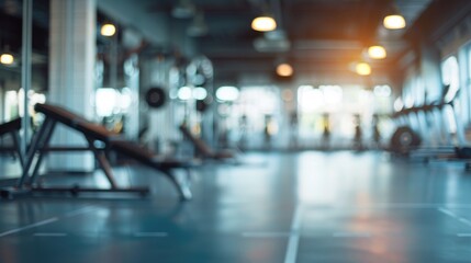 Blurred gym background with exercise equipment empty for text