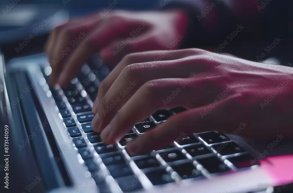 Poster closeup image of hands typing on a laptop keyboard with ambient lighting, illustrating computer work