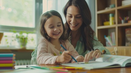 Her mother helps this adorable Caucasian girl do her schoolwork at the table. Happy young woman educating her daughter at home. A homeschooling mother