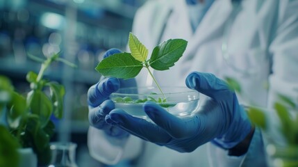 Science, leaf in glass, lady in lab, investigation, nature consciousness. Scientist with leaves, lab technician checking green plant in glass, biotechnology, pharmaceutical study