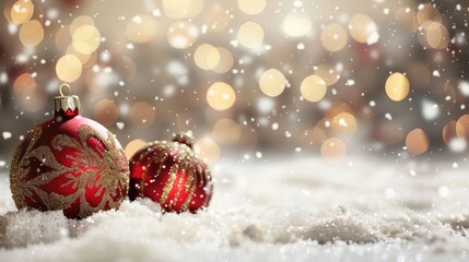 Holiday themed card with red and gold decorations on snowy backdrop