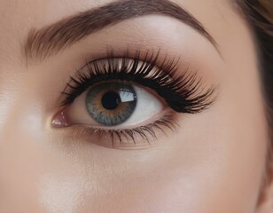 Fototapeta premium Close up of a woman's eye with long lashes and perfect makeup, featuring a detailed view of the iris and eyeball