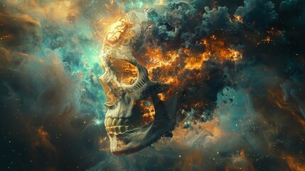 Cranium deity emerging from a portal of light, adorned with mystical tattoos and surrounded by floating bones and ethereal smoke, digital art style