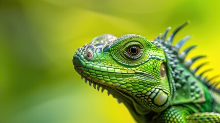 Obraz premium Close up macro photograph of a green lizard s iguana head portrait in nature