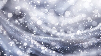 An abstract bokeh background with dynamic swirls of silver and white glitter, evoking a blizzard of sparkling 