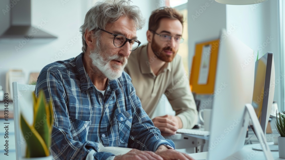 Poster businessman focused on computer it, software development, and solutions. office it decision-maker, p