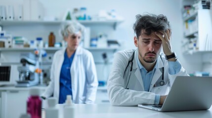 Scientist, exhausted from computer research, planning, data analysis, mistakes, or healthcare findings. Scientist or doctor stressed or depressed working on laptop in medical or chemistry lab