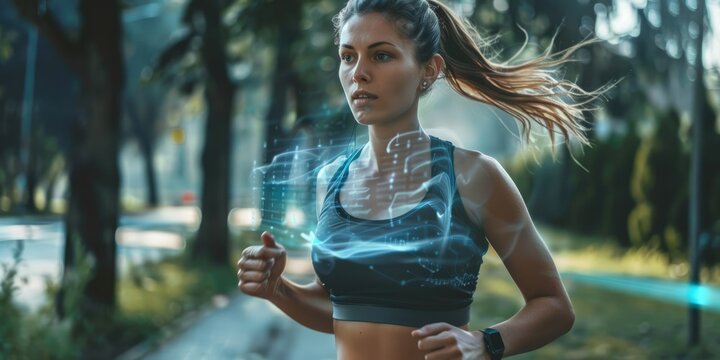 Woman jogging outdoors with holographic fitness metrics overlay, showcasing advanced tech in fitness tracking. AIG62
