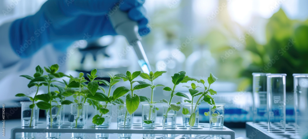 Poster plants in lab tube. science laboratory experiments analysis and genetic engineering study.