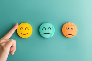 Hands holding blue happy smile face for medical care concept. face happy, sad, and angry person, mental health positive thinking.