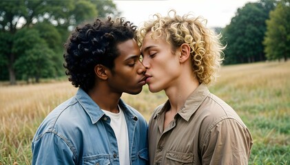 Fototapeta premium Beautiful young interracial gay couple romantic kissing on the serene nature background. Free love. Diversity and LGBTQ+