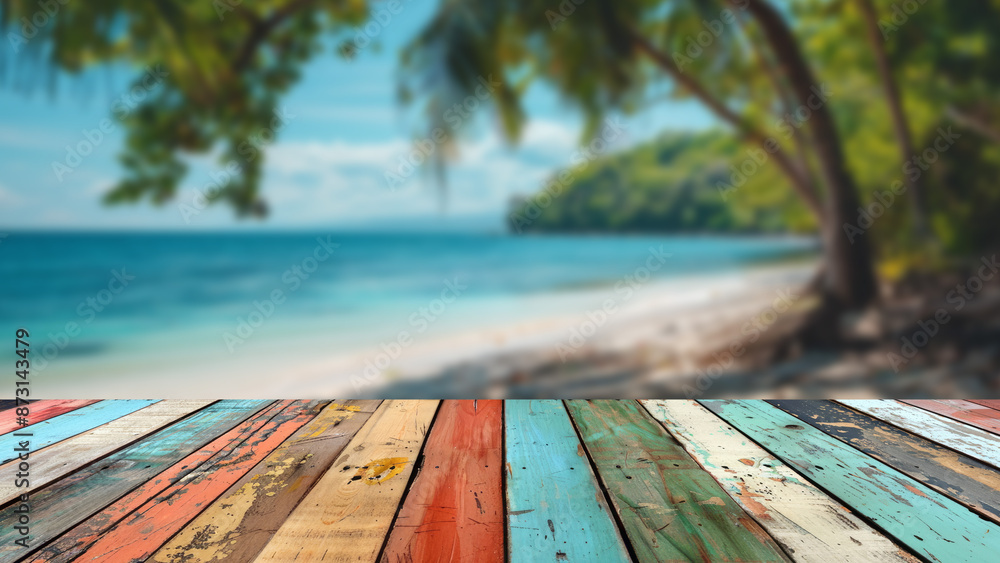 Poster table top in a summer beach setting with a blurred background of sandy shores and palm trees, design